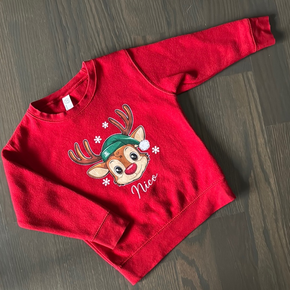 Rabbit Skins Personalized “Nico” Reindeer Christmas Sweatshirt | 4T